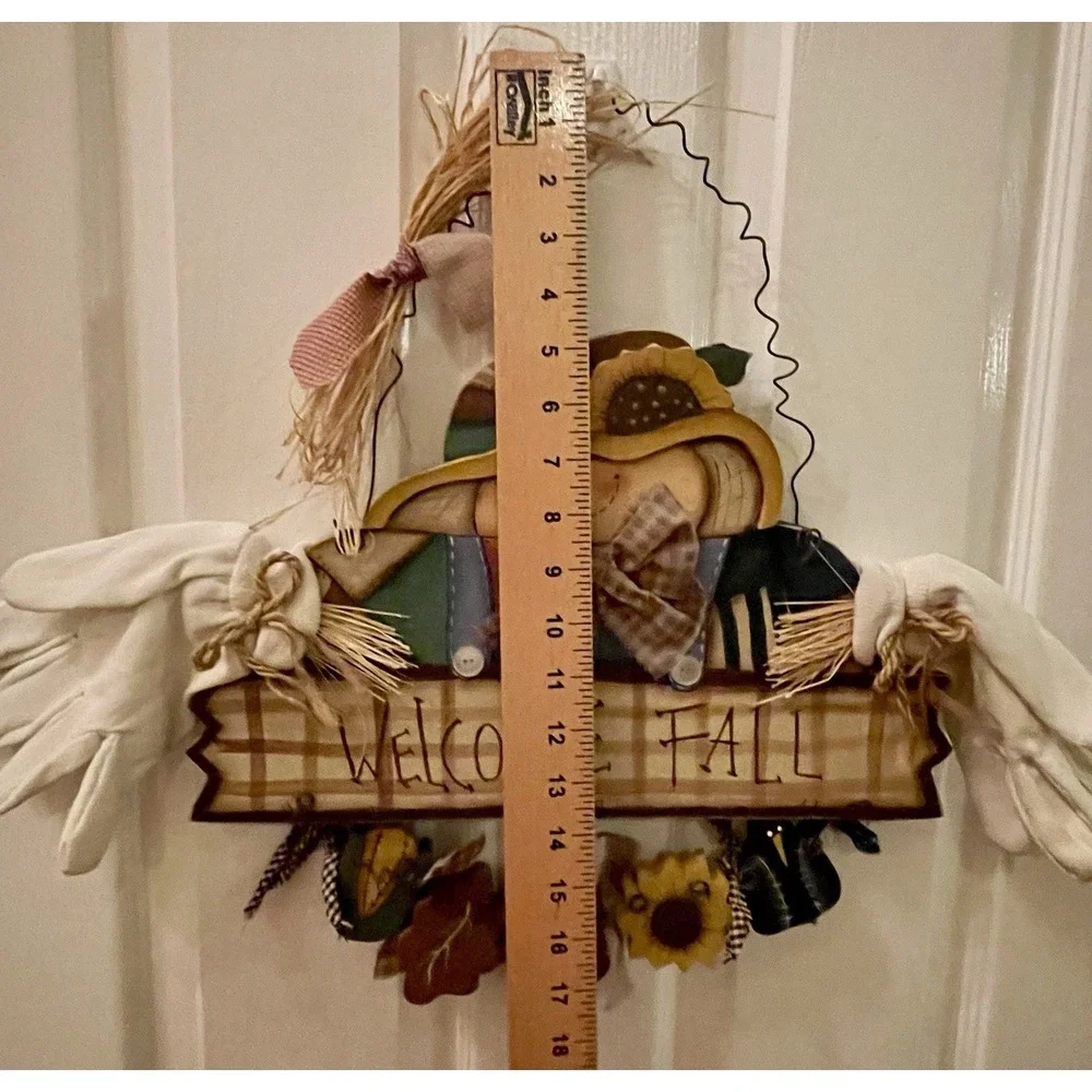 Vtg Hand Painted Wood Door Sign Scarecrow Welcome Fall Halloween Autumn Decor